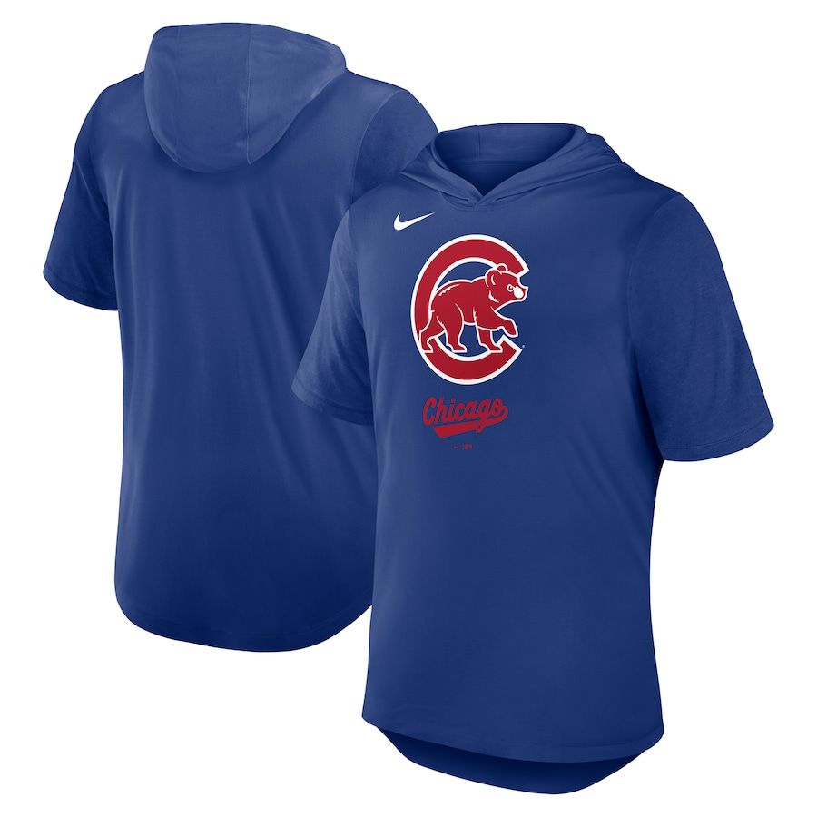 Men 2025 MLB Chicago Cubs Blue Hooded T-shirt->mlb t-shirts->Sports Accessory
